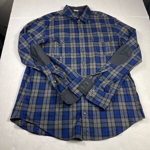 Hugo Boss Mens Button Down Shirt Plaid Long Sleeve Elbow Patch Outdoorsy FLAW L